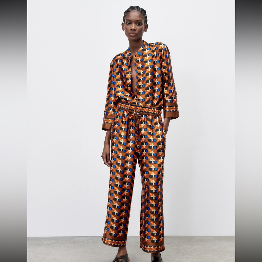 Zara Satin Printed Pajama-Style Pants Size XL